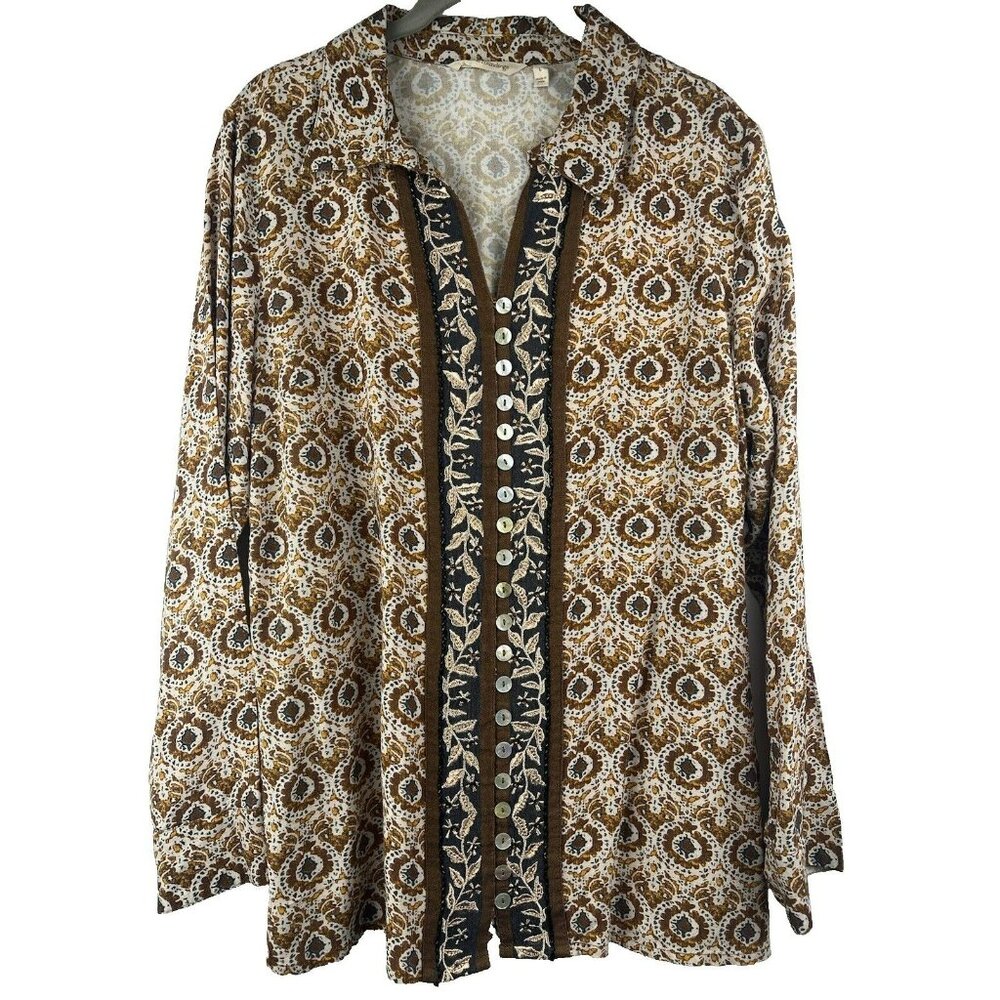 Soft Surroundings Top Women's L Embroidered‎ Button Up Boho Embellished Paisley